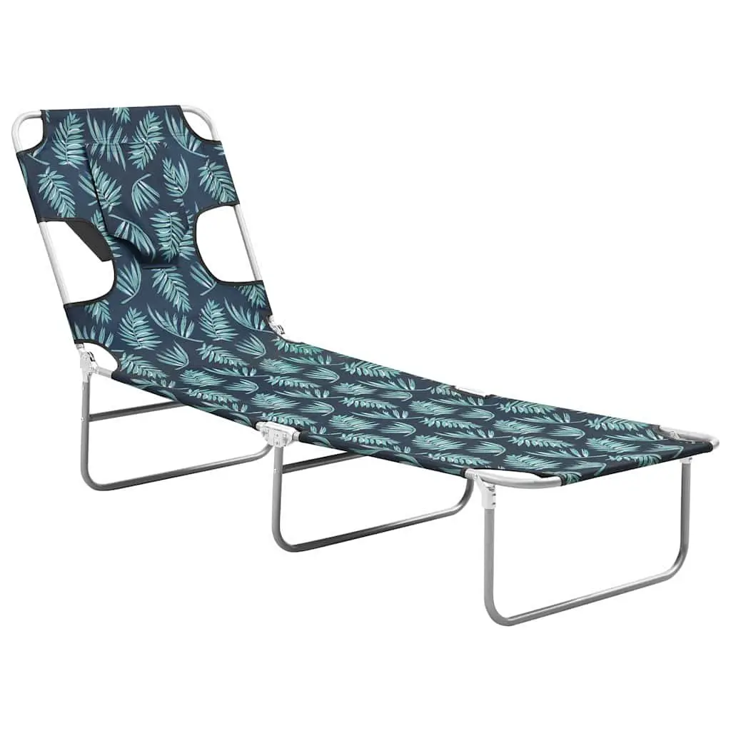 Folding Sun Lounger Adjustable Backrest Soft Head Cushion Green with Leaves Print for Garden and Beach