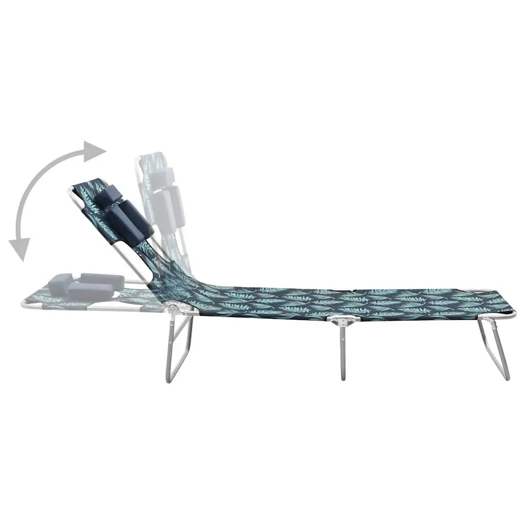 Folding Sun Lounger Adjustable Backrest Soft Head Cushion Green with Leaves Print for Garden and Beach