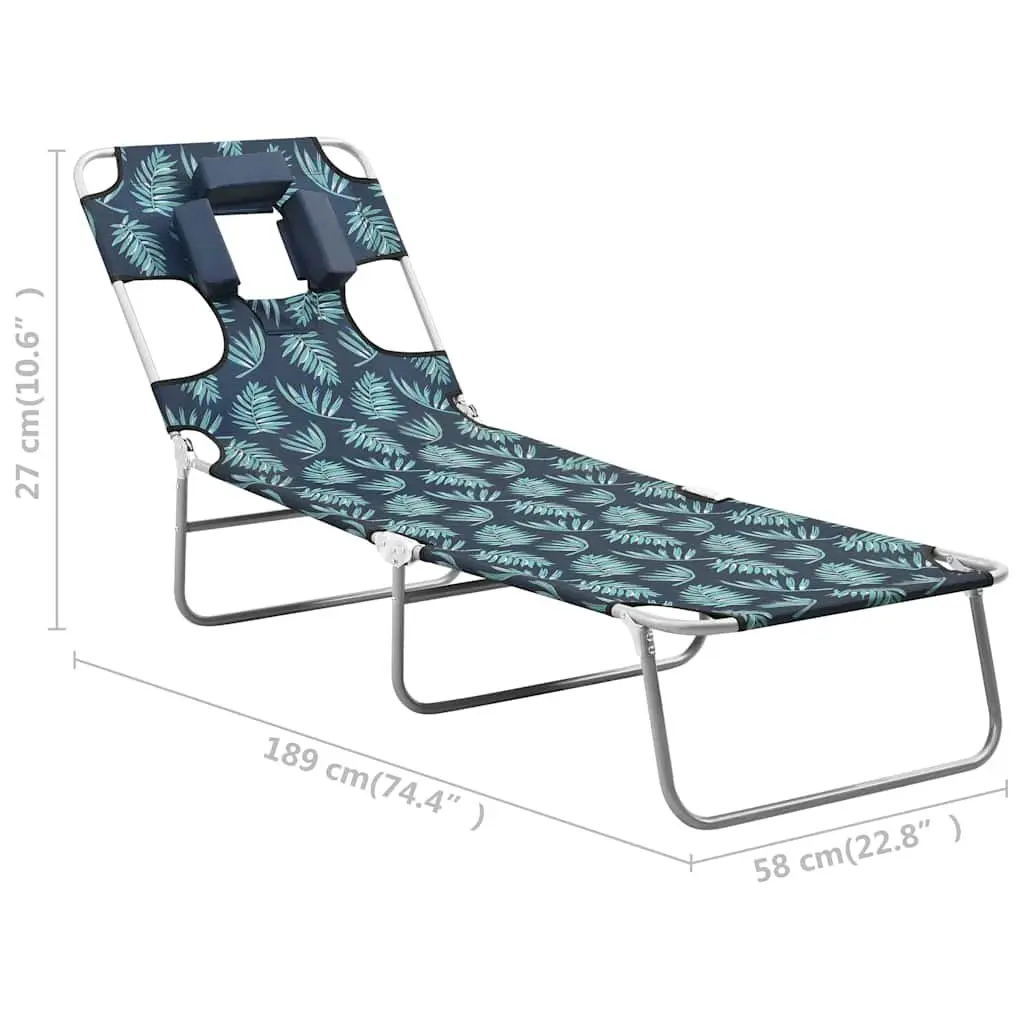 Folding Sun Lounger Adjustable Backrest Soft Head Cushion Green with Leaves Print for Garden and Beach