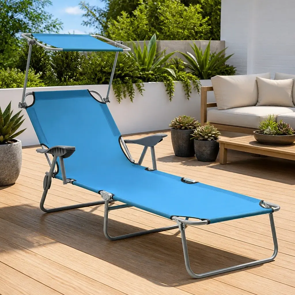 Foldable Sun Lounger Adjustable Backrest Canopy Outdoor Garden Beach Bed Blue