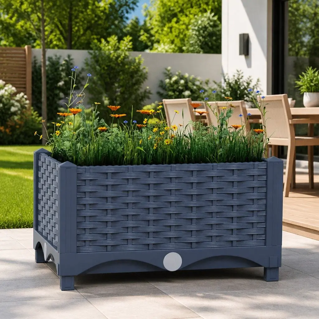 Polypropylene Raised Planter Outdoor 40x40x23cm Grey for Garden Balcony Patio