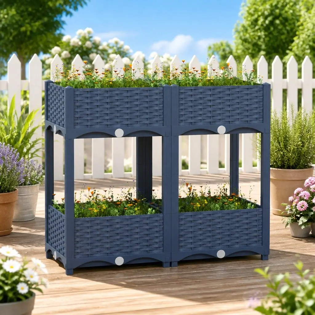Outdoor Raised Planter Grey Polypropylene 80L x 40W x 71H cm with 2 Shelves for Gardening Balcony Patio