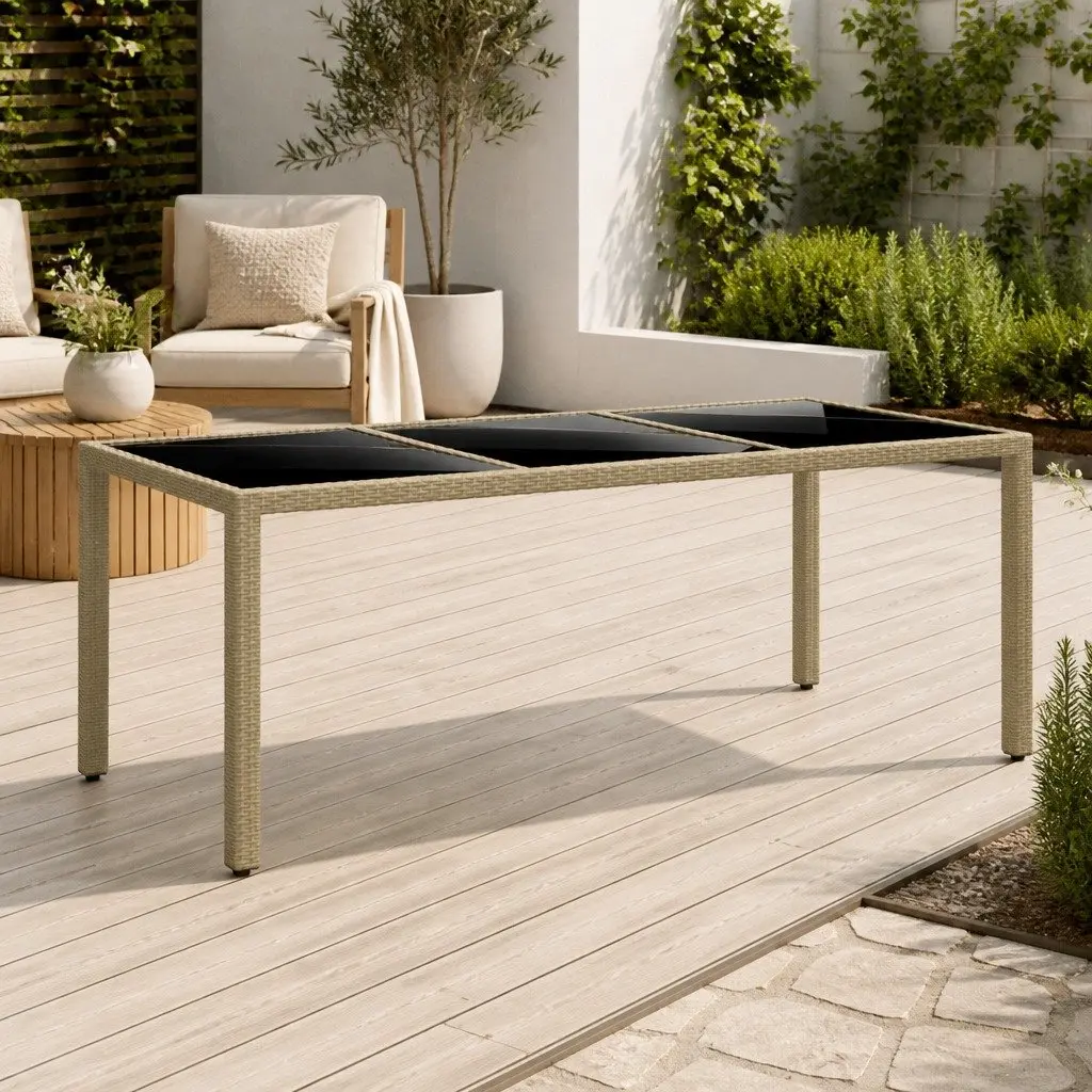Garden Table Poly Rattan Beige 190x90x75cm Tempered Glass Outdoor Furniture