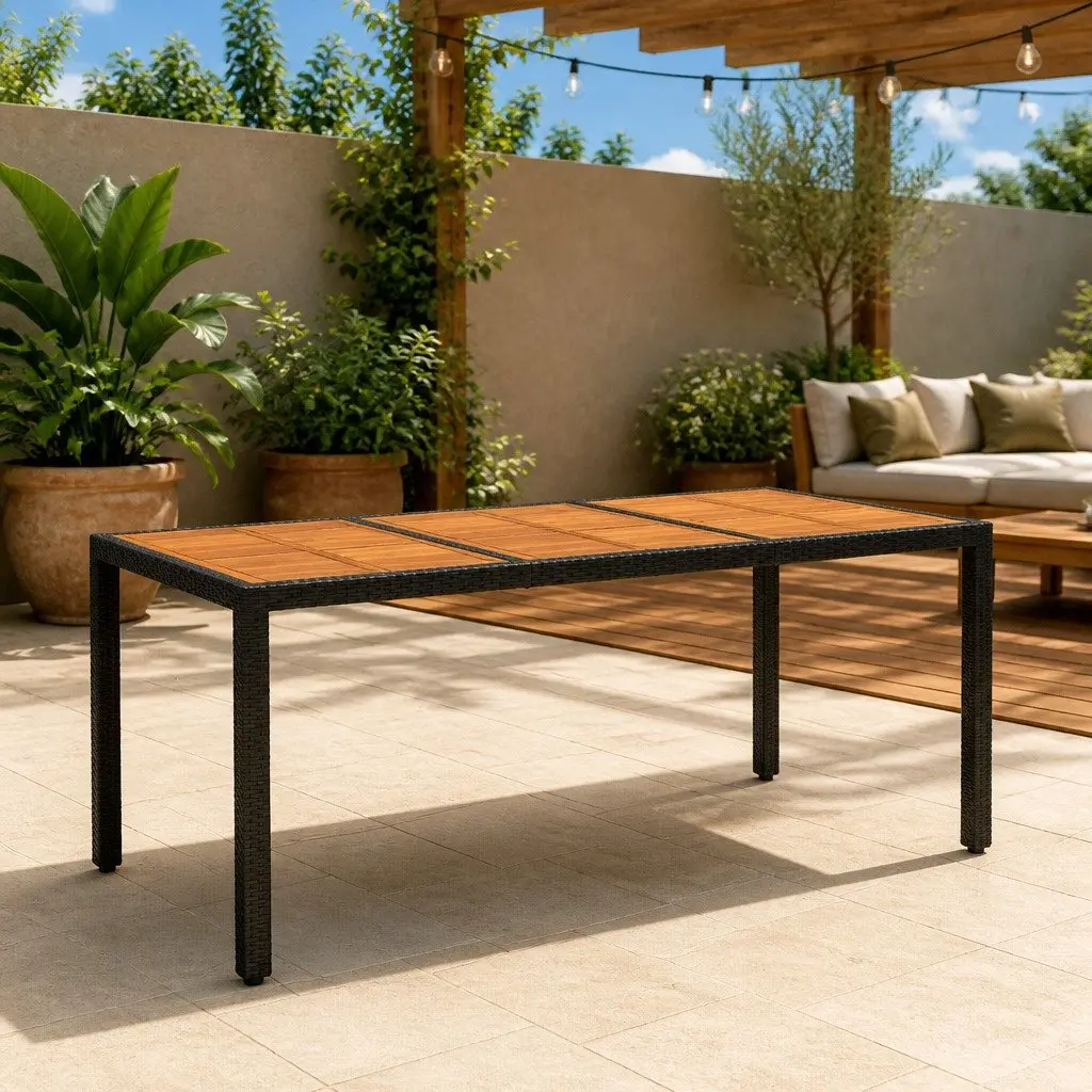 Garden Dining Table 190x90cm Acacia Wood Steel Frame Poly Rattan Patio Outdoor