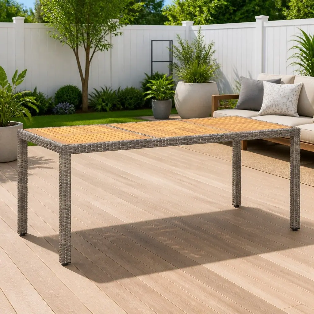 Outdoor Dining Table Grey Acacia Wood 190x90x75cm Rattan Covered Steel Frame