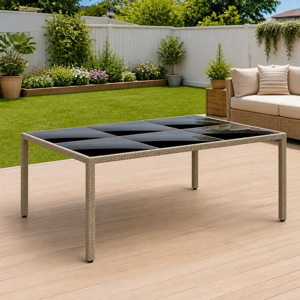 Outdoor Garden Table 200x150cm Tempered Glass Top Poly Rattan Frame Patio