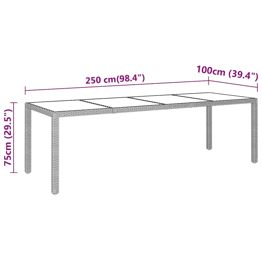 Garden Table 250x100cm Outdoor Patio Dining Poly Rattan Glass Top Grey