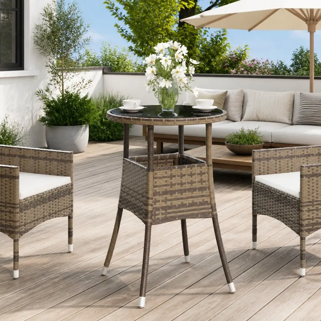 Outdoor Table Poly Rattan Grey 60cm Tempered Glass Top Garden Patio Furniture