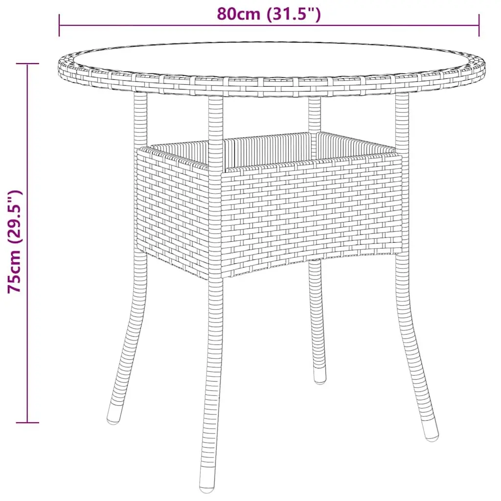 Garden Table Poly Rattan Steel Frame Tempered Glass Top Black Round 80cm Dia