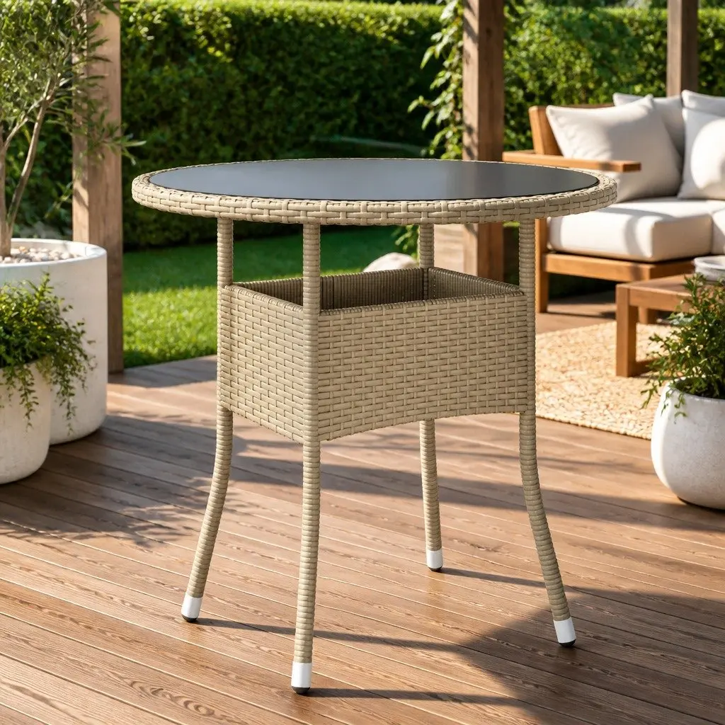 Garden Table Round Ø80cm Outdoor Patio Furniture Tempered Glass Poly Rattan