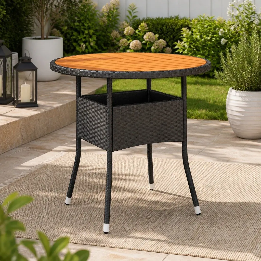 Round Garden Table Acacia Wood Poly Rattan 80cm Outdoor Furniture Black 75cm Height