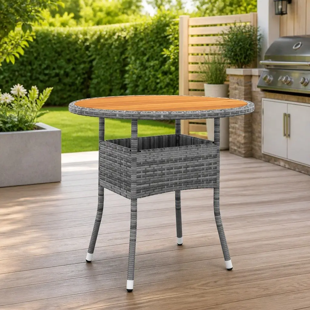 Round Garden Table Acacia Wood Grey Steel Frame Poly Rattan Ø80cm Outdoor Patio 75cm Height