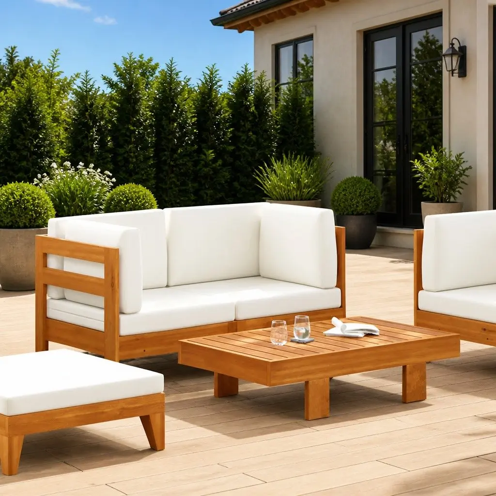 2 Piece Outdoor Garden Lounge Set Acacia Wood Sofa Table Cream Cushions
