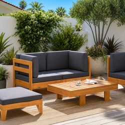 Outdoor Sectional Lounge Set 2 Piece Garden Sofa Table Grey Cushions Wood