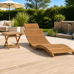 Folding Sun Lounger with Table Wooden Garden Patio Outdoor Recliner Chair