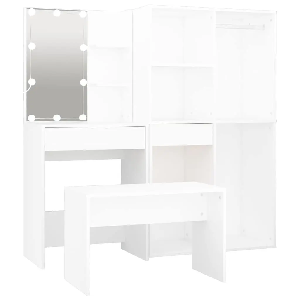 Dressing Table Set Engineered Wood White Bedroom Vanity with LED Mirror and Stool Storage