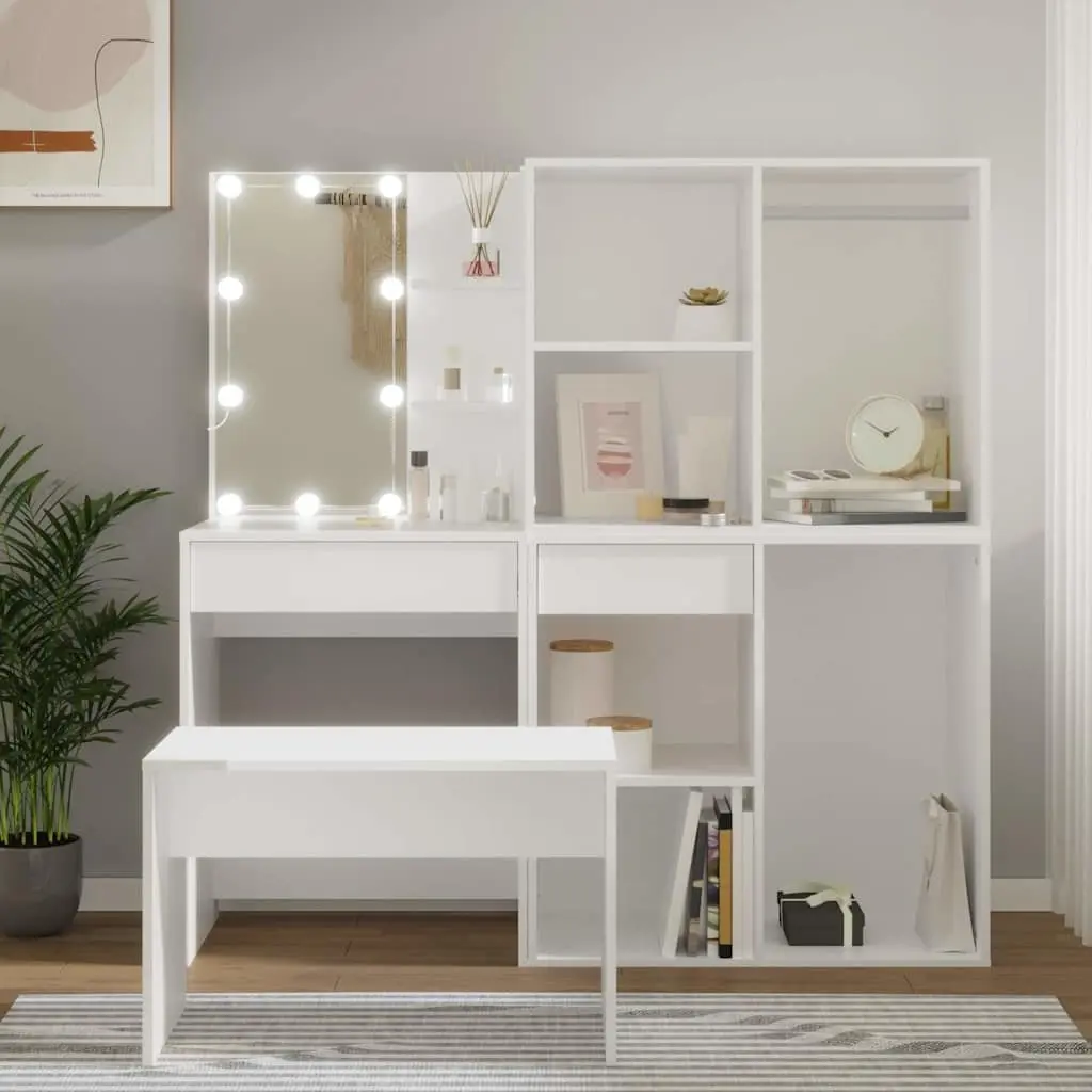 Dressing Table Set Engineered Wood White Bedroom Vanity with LED Mirror and Stool Storage