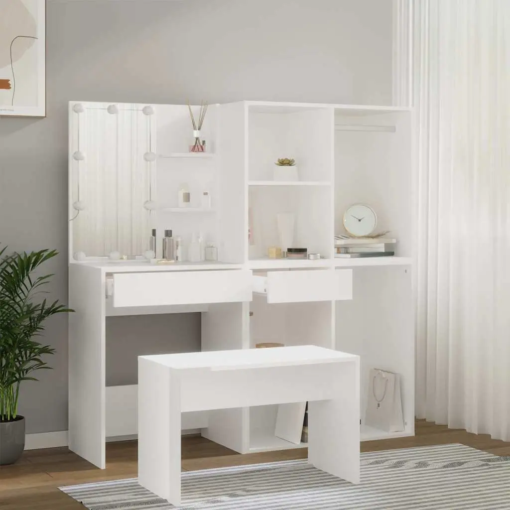 Dressing Table Set Engineered Wood White Bedroom Vanity with LED Mirror and Stool Storage