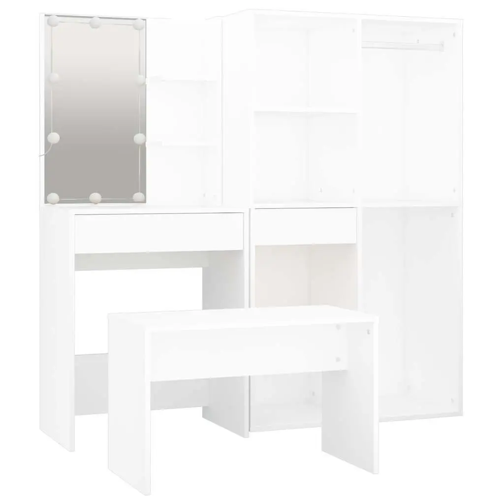 Dressing Table Set Engineered Wood White Bedroom Vanity with LED Mirror and Stool Storage