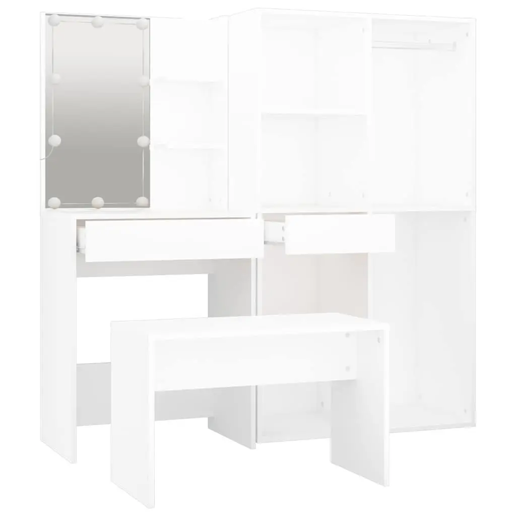 Dressing Table Set Engineered Wood White Bedroom Vanity with LED Mirror and Stool Storage