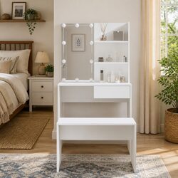 Dressing Table Set with LED Mirror White Bedroom Vanity Storage Stool Makeup