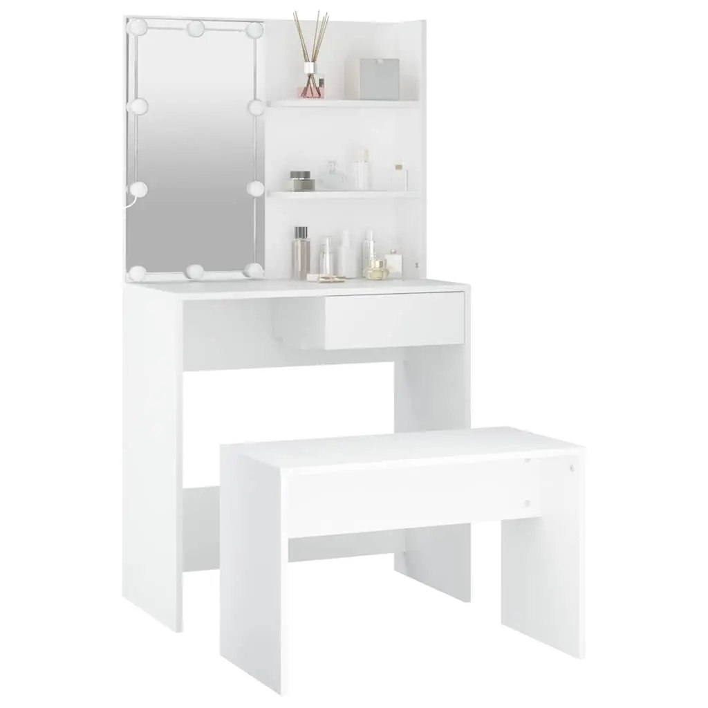 Dressing Table Set Engineered Wood White Vanity with LED Mirror and Storage Stool