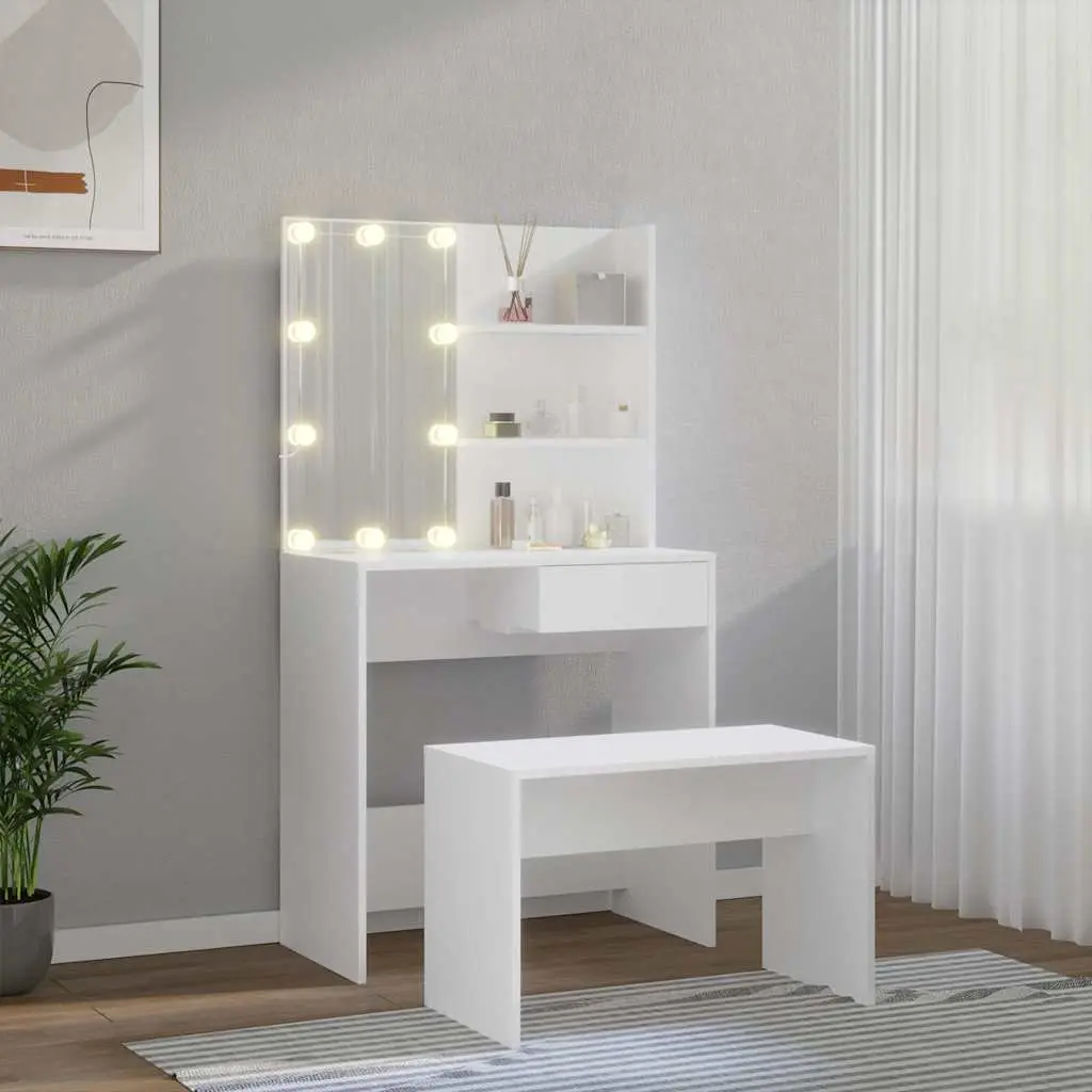 Dressing Table Set Engineered Wood White Vanity with LED Mirror and Storage Stool
