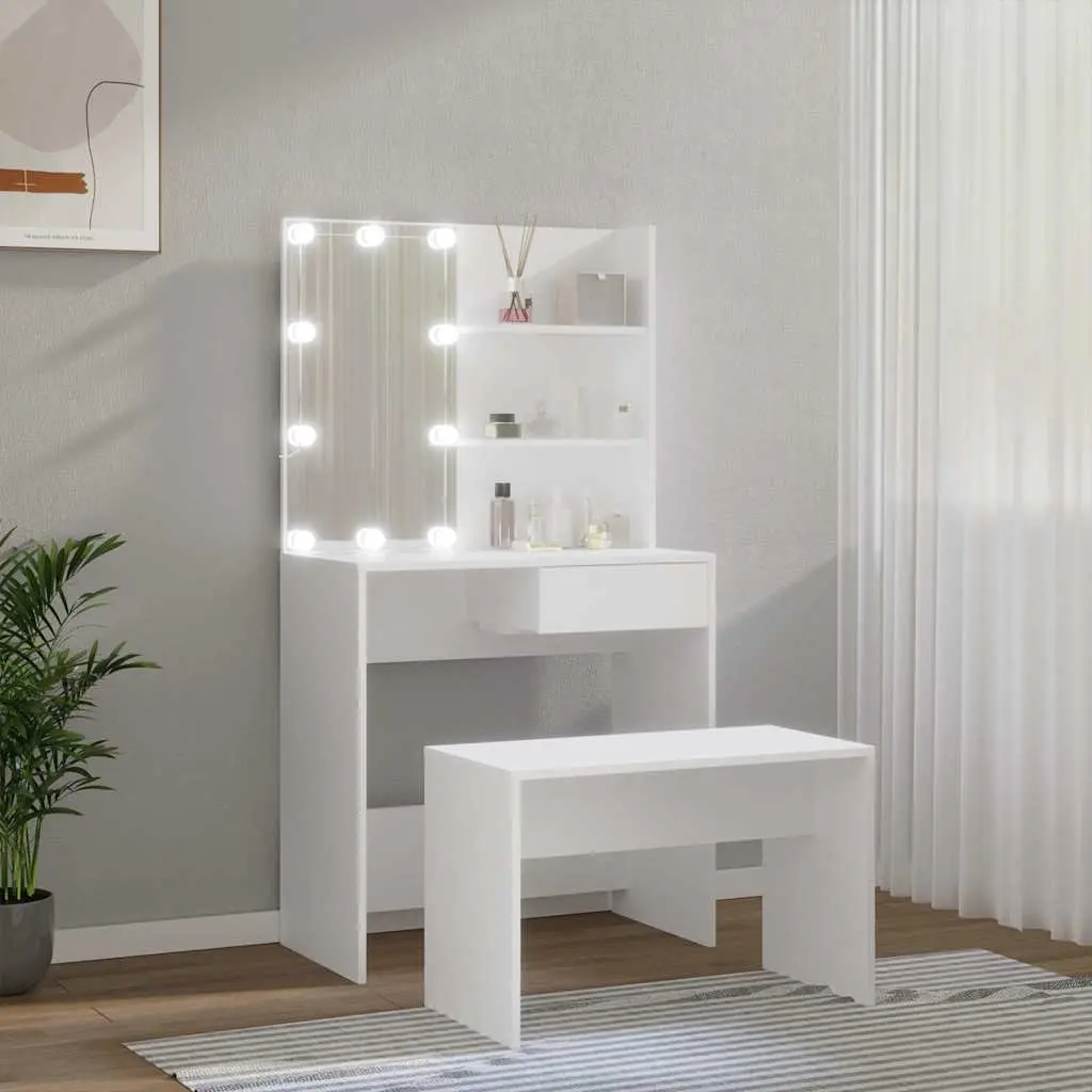 Dressing Table Set Engineered Wood White Vanity with LED Mirror and Storage Stool