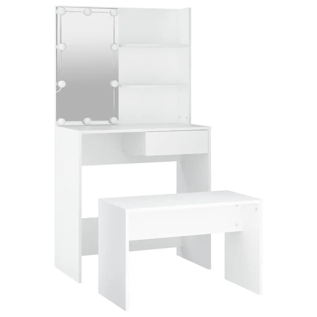 Dressing Table Set Engineered Wood White Vanity with LED Mirror and Storage Stool
