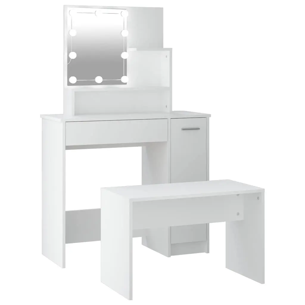 Dressing Table Set White Engineered Wood LED Mirror Matching Stool Storage