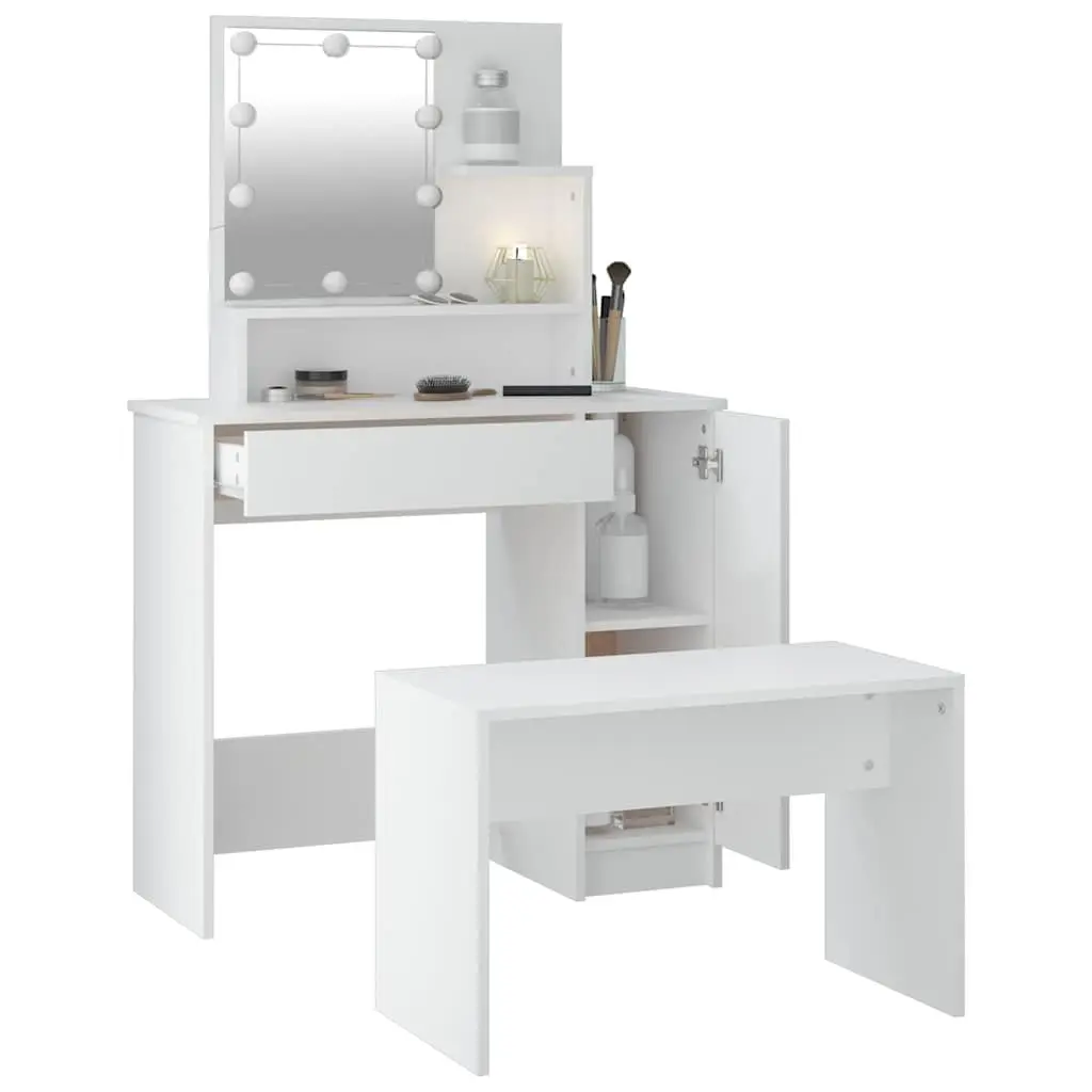 Dressing Table Set White Engineered Wood LED Mirror Matching Stool Storage