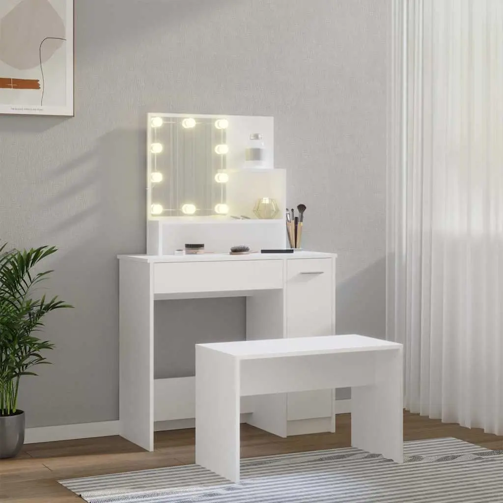 Dressing Table Set White Engineered Wood LED Mirror Matching Stool Storage