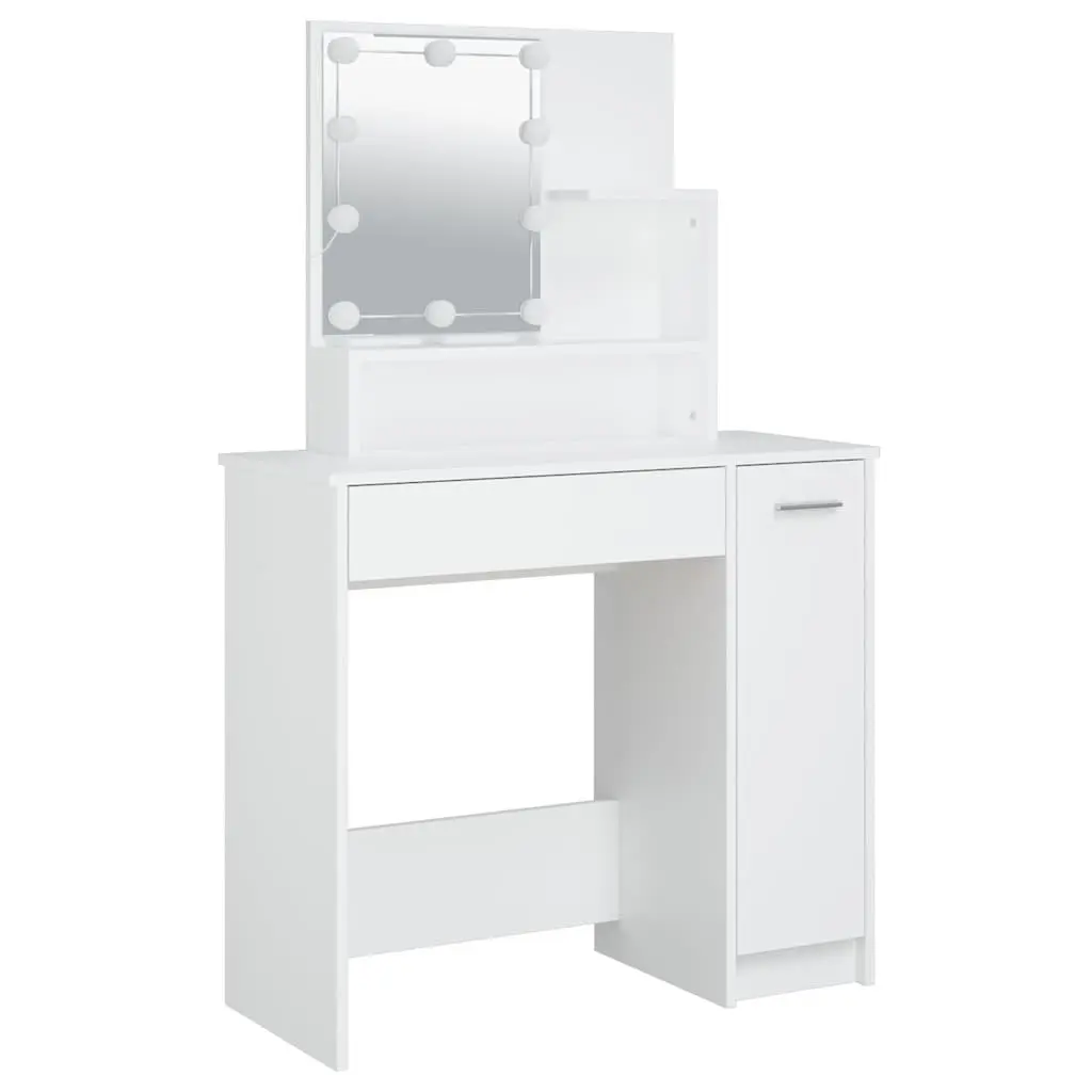 Dressing Table Set White Engineered Wood LED Mirror Matching Stool Storage