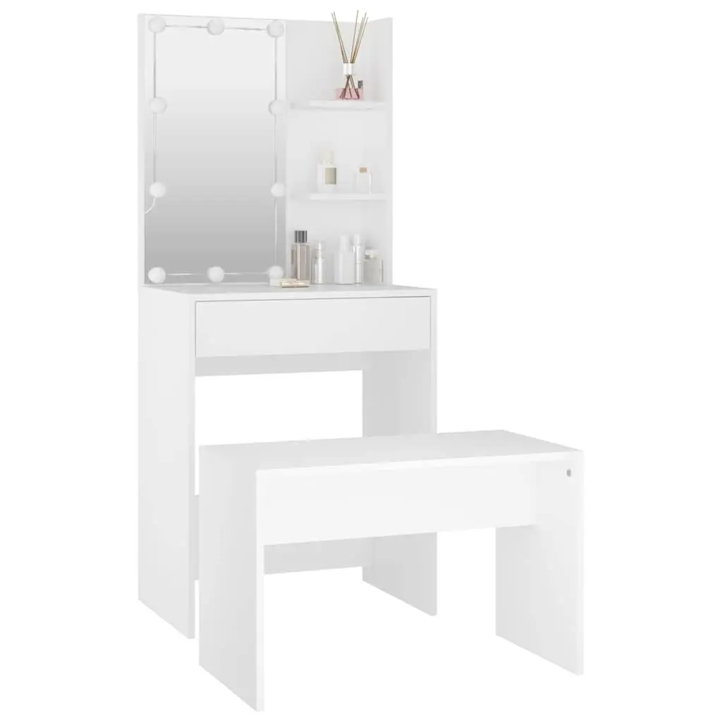 Dressing Table Set Engineered Wood LED Mirror White Size with Stool