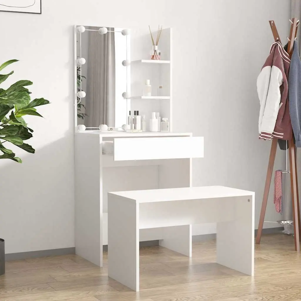 Dressing Table Set Engineered Wood LED Mirror White Size with Stool