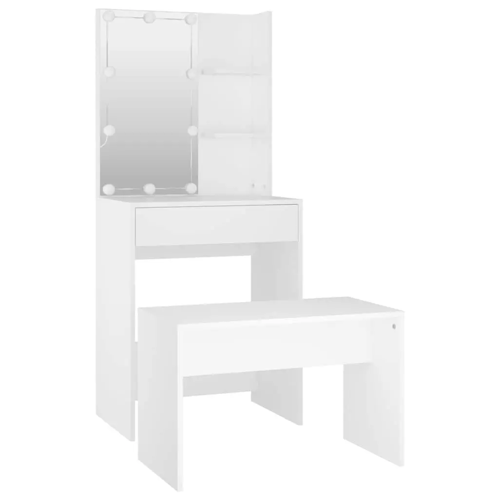 Dressing Table Set Engineered Wood LED Mirror White Size with Stool