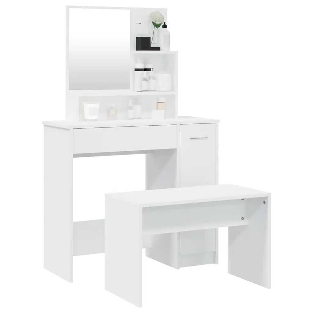 Dressing Table Set White Engineered Wood with Mirror and Stool for Bedroom Storage and Makeup Essentials