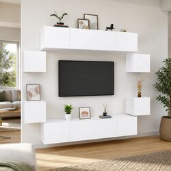 TV Cabinet Set 8 Piece White Wall-Mounted Storage Unit Engineered Wood