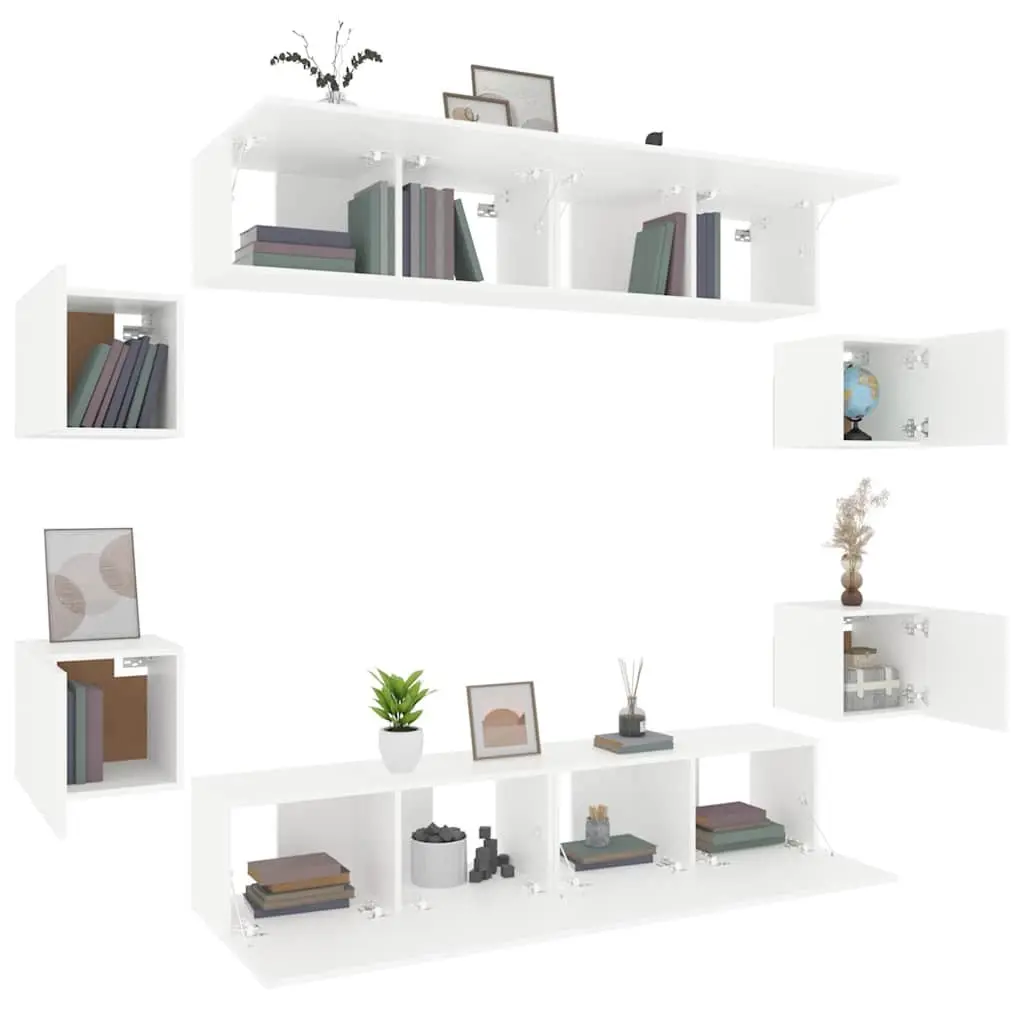 8 Piece White Wall-Mounted TV Cabinet Storage