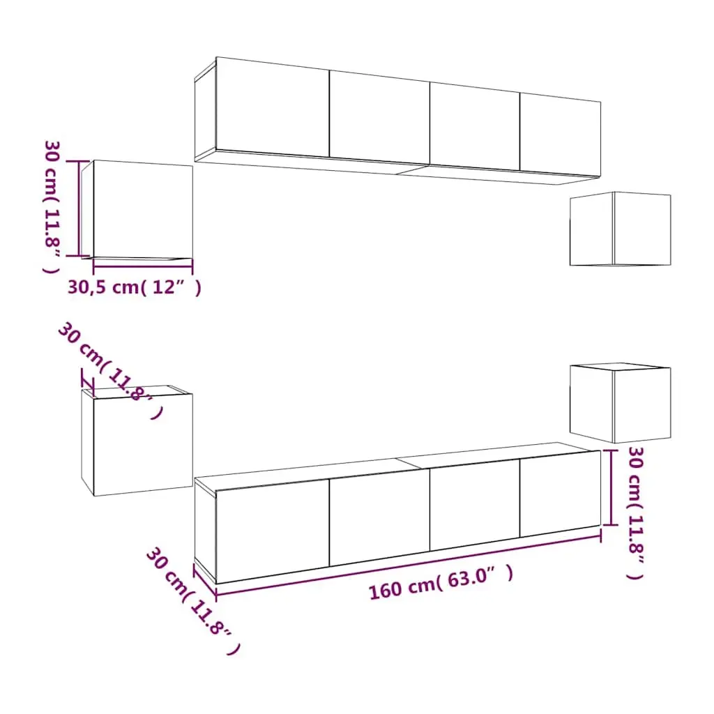 8 Piece White Wall-Mounted TV Cabinet Storage