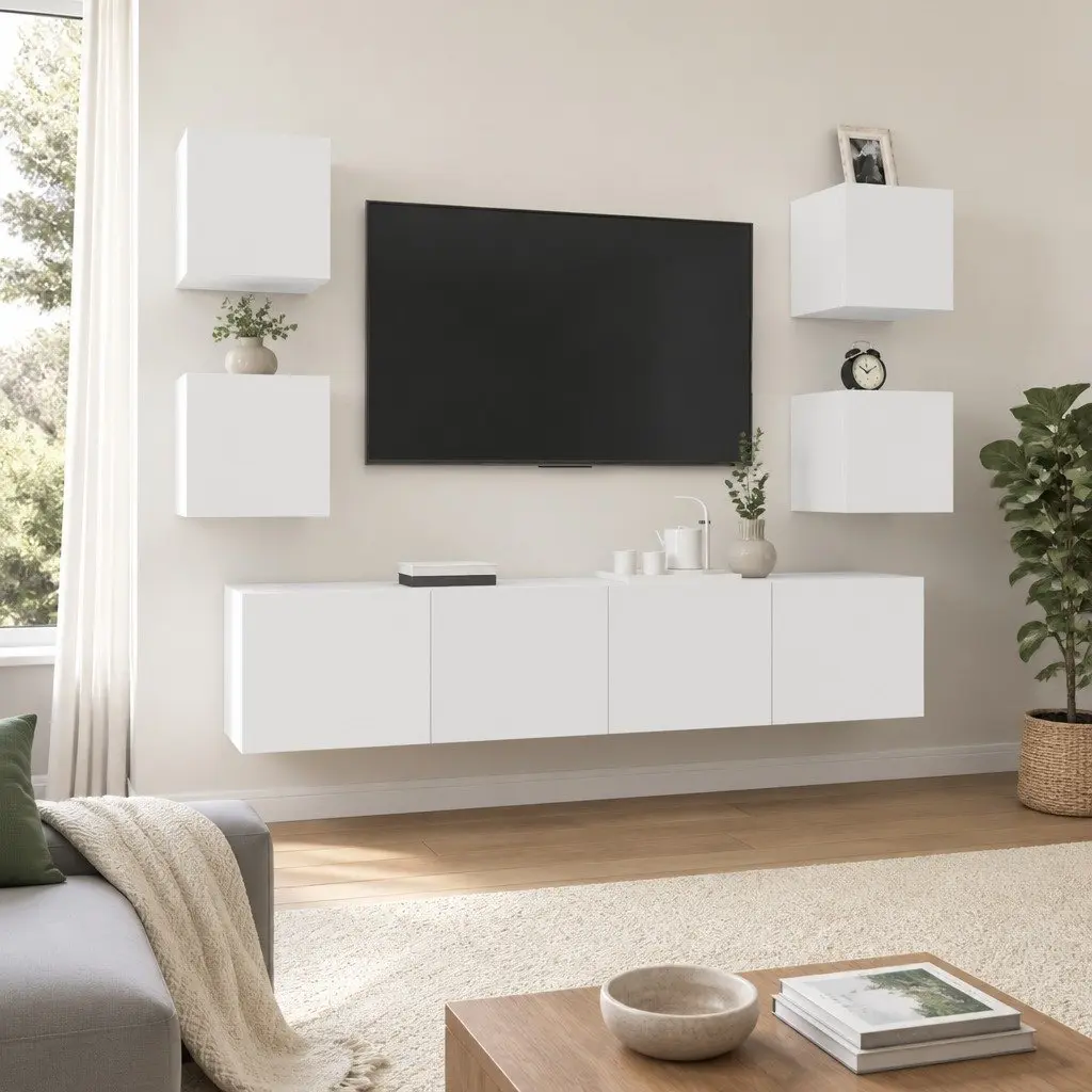6 Piece Engineered Wood Wall-Mounted Storage Unit TV Cabinet Set in White