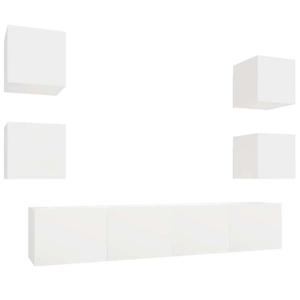 6 Piece Engineered Wood Wall-Mounted Storage Unit TV Cabinet Set in White