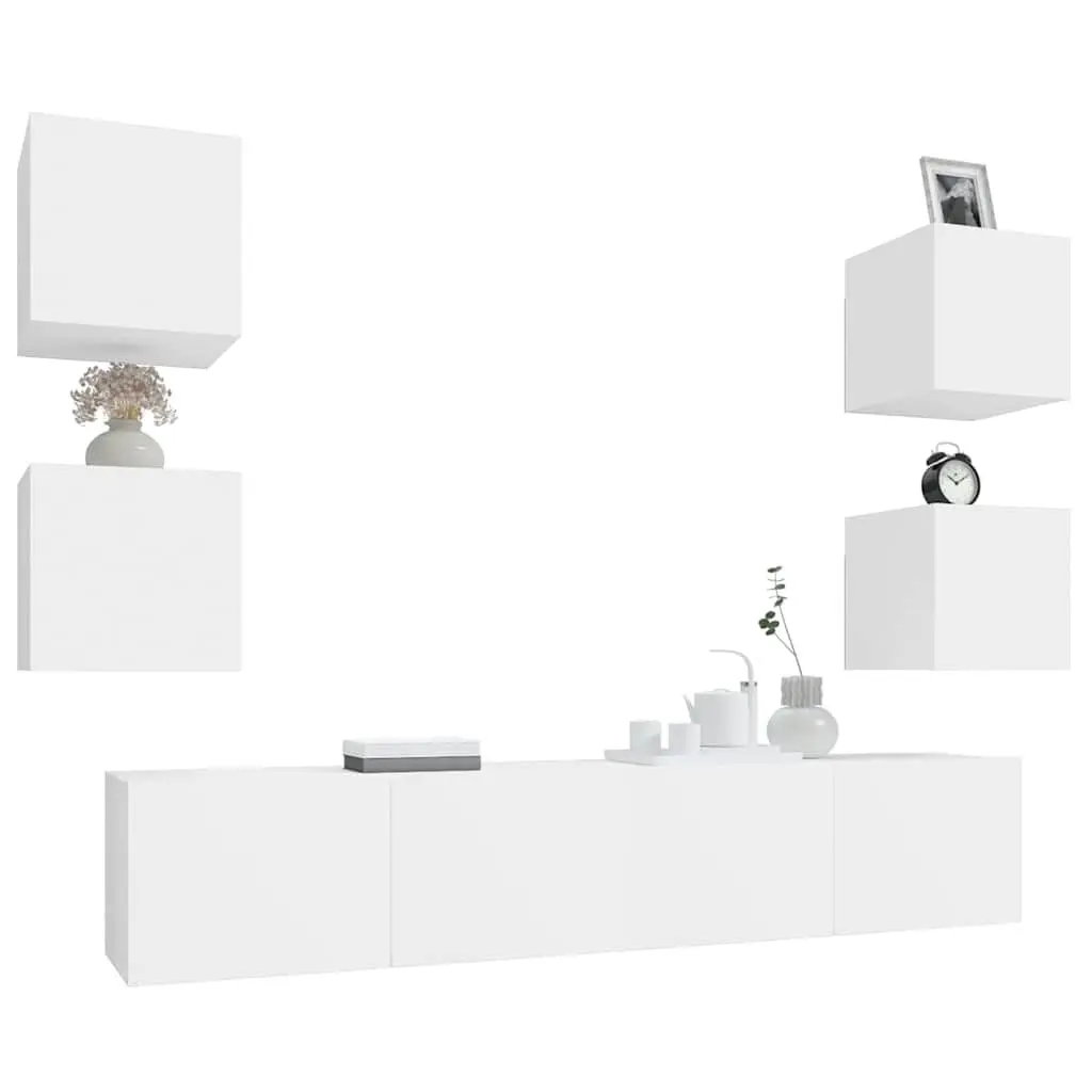 6 Piece Engineered Wood Wall-Mounted Storage Unit TV Cabinet Set in White