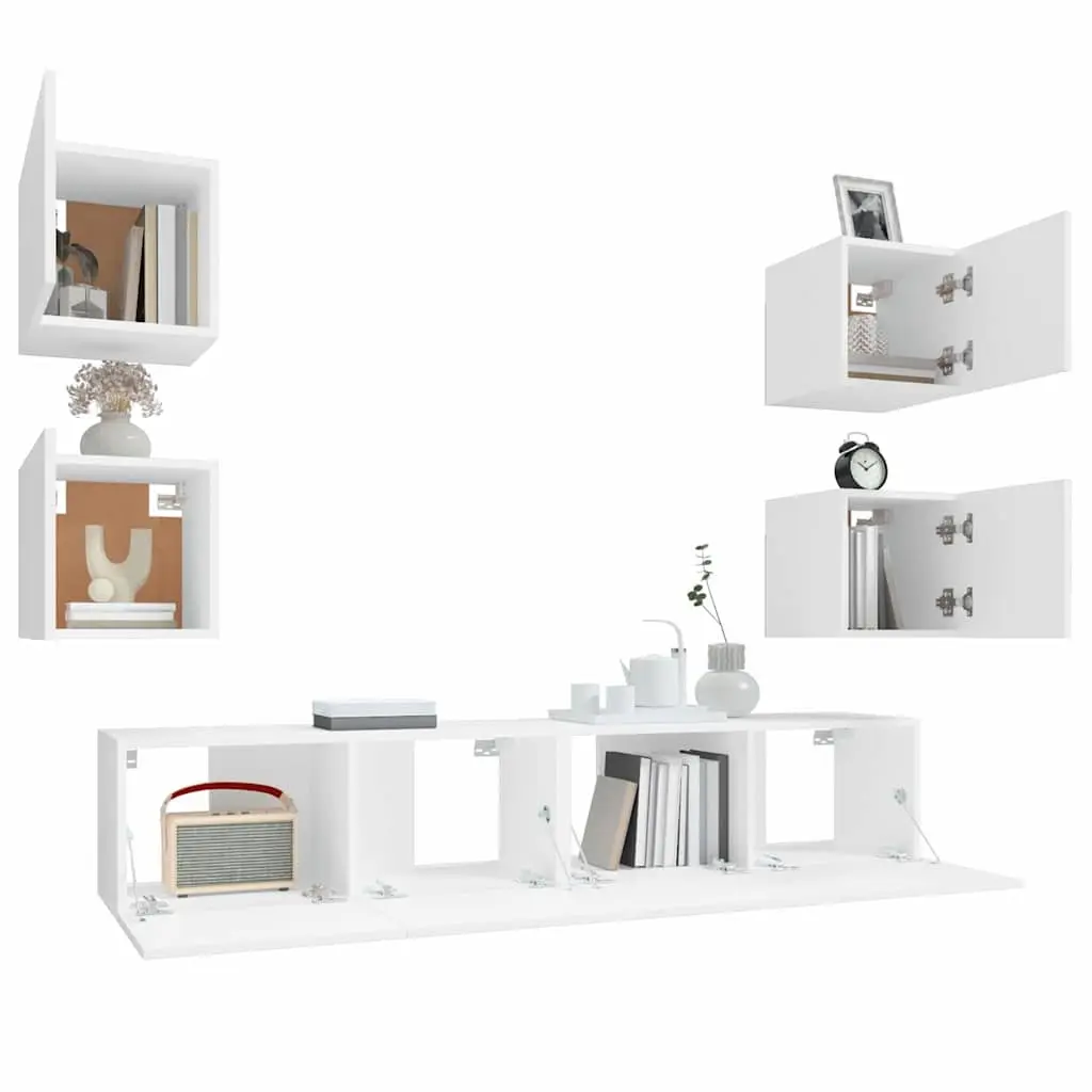 6 Piece Engineered Wood Wall-Mounted Storage Unit TV Cabinet Set in White