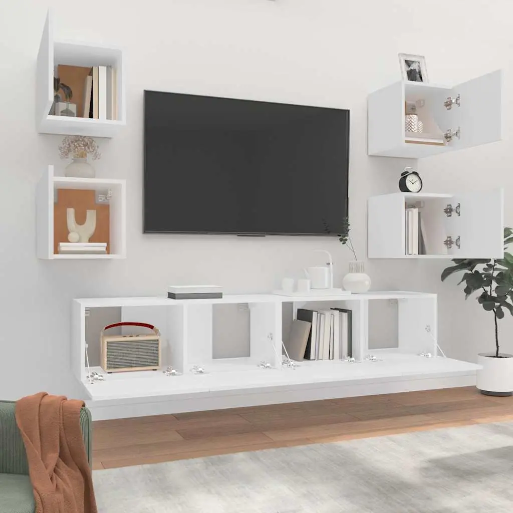 6 Piece Engineered Wood Wall-Mounted Storage Unit TV Cabinet Set in White