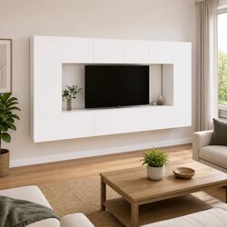 Functional White Wall-Mounted TV Cabinet Set