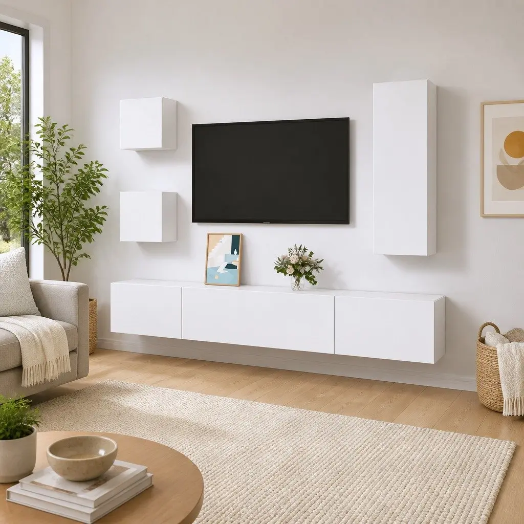 5 Piece White Wall Mounted Storage Unit Engineered Wood TV Cabinet Set