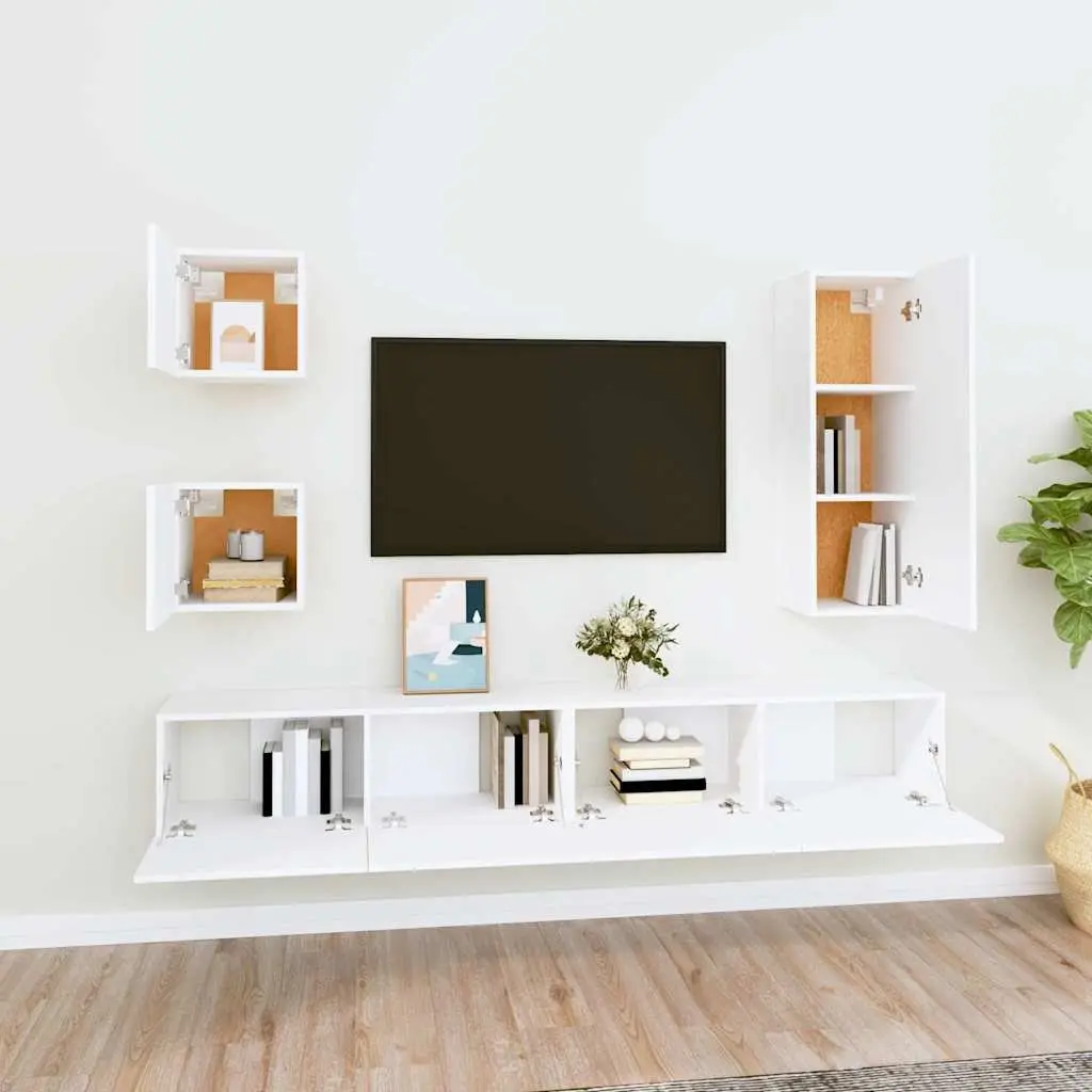 5 Piece White Wall Mounted Storage Unit Engineered Wood TV Cabinet Set