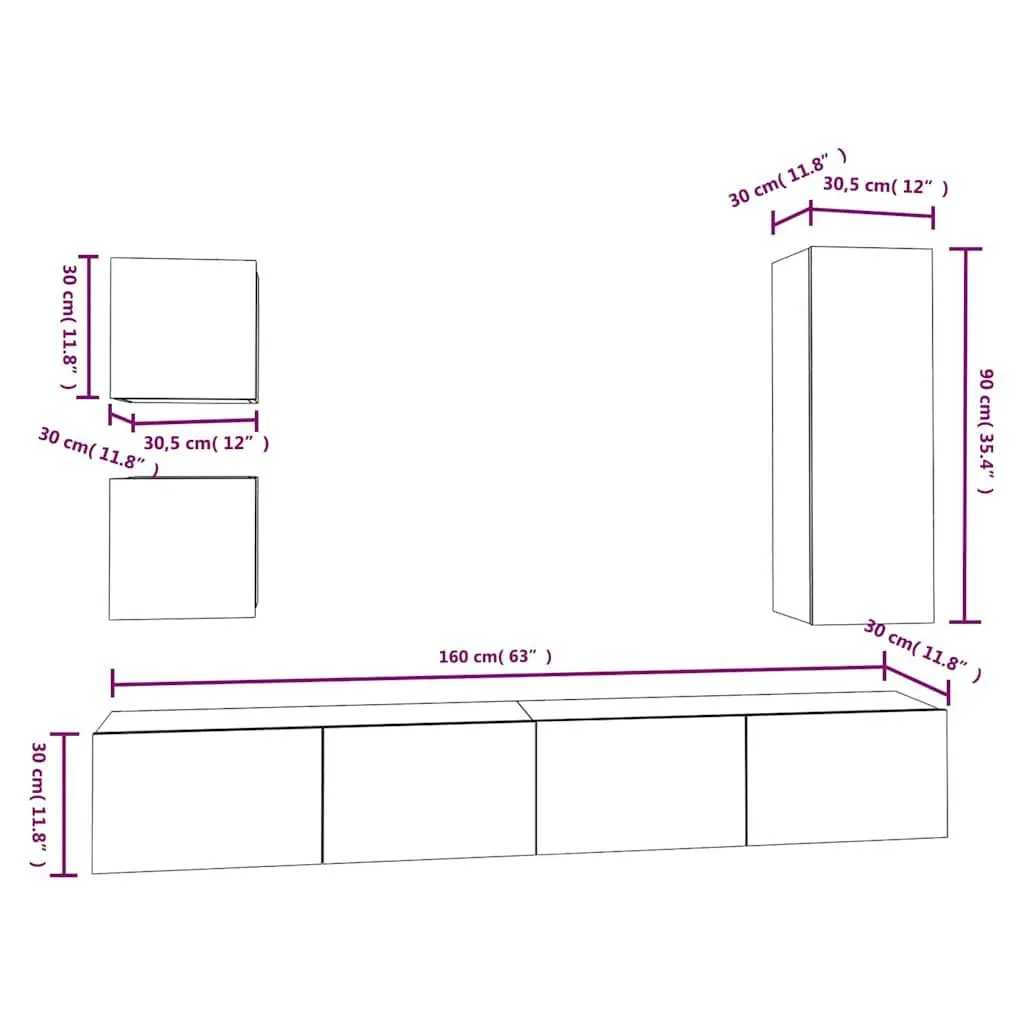 5 Piece White Wall Mounted Storage Unit Engineered Wood TV Cabinet Set