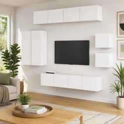 White Engineered Wood TV Cabinet Set Wall-Mounted Storage Unit 8 Piece Living